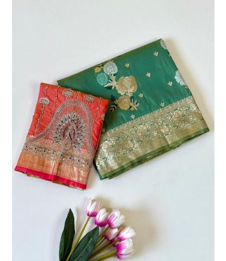 DB790 Beautiful Soft Silk Jacquard Weaving Sarees with Bids Work Blouse.