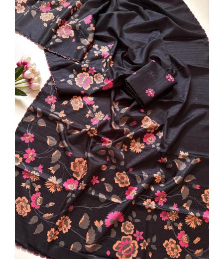 DB789 Beautiful Soft Tussar Silk Floral Digital Embroidery Work Celebrity Inspired Sarees.