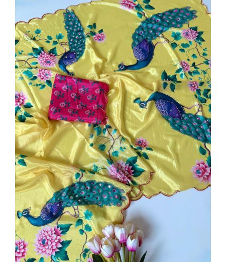 DB788 Beautiful Soft Chinon Peacock Digital Printed Handwork Celebrity Inspired Sarees.