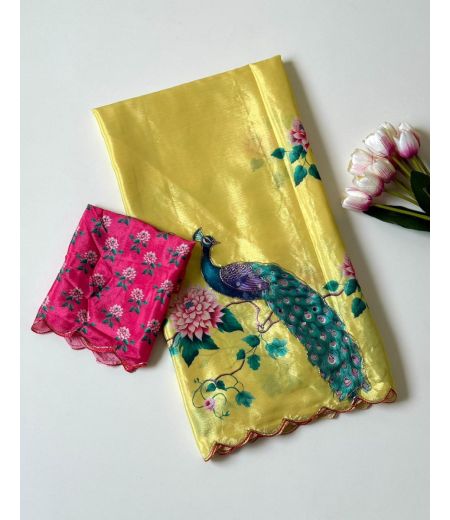 DB788 Beautiful Soft Chinon Peacock Digital Printed Handwork Celebrity Inspired Sarees.