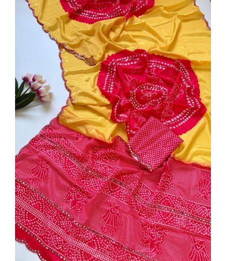 DB787 Beautiful Soft Chinon Bhandhej Digital Printed Mirror Work Celebrity Inspired Sarees.