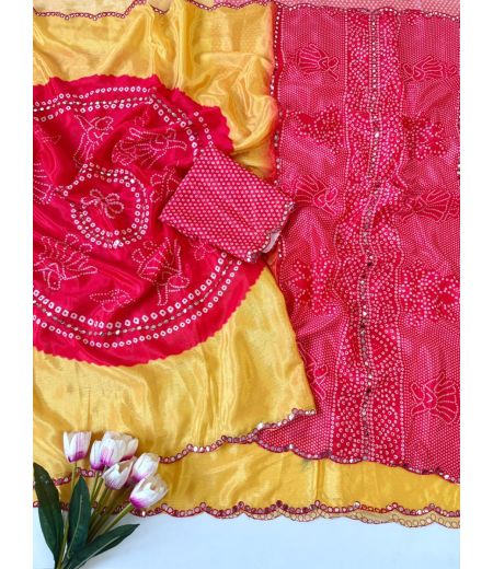 DB787 Beautiful Soft Chinon Bhandhej Digital Printed Mirror Work Celebrity Inspired Sarees.