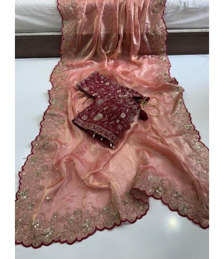 DB799 Beautiful Soft Sattin Dual Silk Sequence Emboridary Work Celebrity Inspired Sarees with Designer Stitched Blouse.