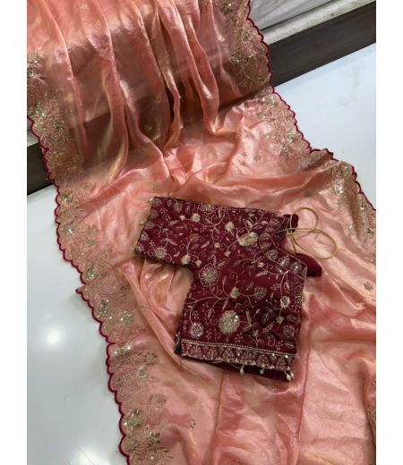 DB799 Beautiful Soft Sattin Dual Silk Sequence Emboridary Work Celebrity Inspired Sarees with Designer Stitched Blouse.