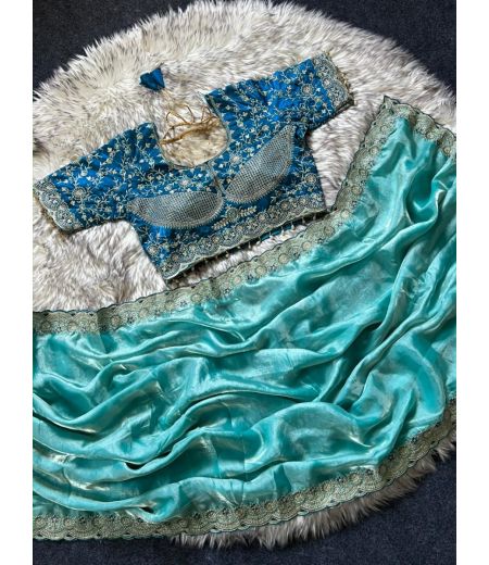 DB803 Beautiful Soft Space Silk Embroidery Thread Work Celebrity Inspired Sarees with Designer Stitched Blouse.