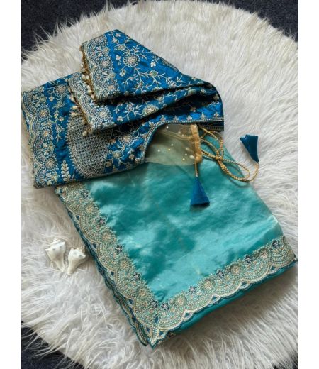 DB803 Beautiful Soft Space Silk Embroidery Thread Work Celebrity Inspired Sarees with Designer Stitched Blouse.