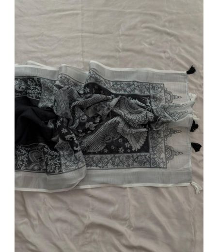 DB794 Beautiful Soft Handloom Linen Elegant Printed Summer Sarees.