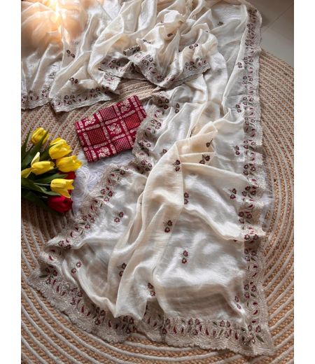 DB811 Beautiful Soft Shimmer Silk Embroidery Work Celebrity Inspired Sarees.