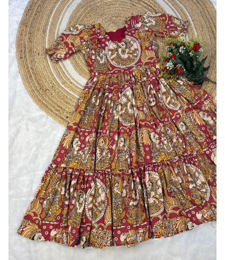 DB821 Beautiful Soft Muslin Cotton Kalamkari Digital Printed Designer Gowns.