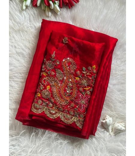 DB824  Beautiful Soft Sattin Space Silk Celebrity Inspired Sarees with Handwork Blouse.