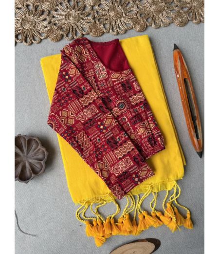 DB833 Beautiful Soft Mulmul Cotton Celebrity Inspired Sarees with Designer Ajrakh Stitched Blouse.