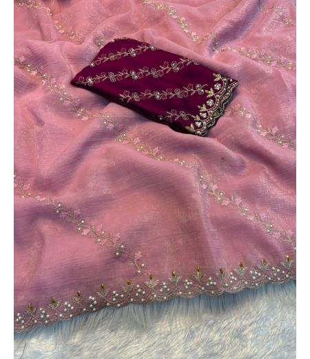 DB831 Beautiful Soft Crunchy Silk Embroidery Stone Work Celebrity Inspired Sarees.