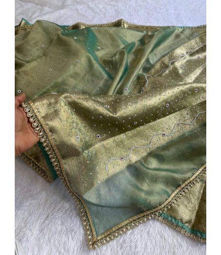 DB832 Beautiful Soft Tissue Silk Zari Weaving Stone Work Maharani Inspired Sarees.