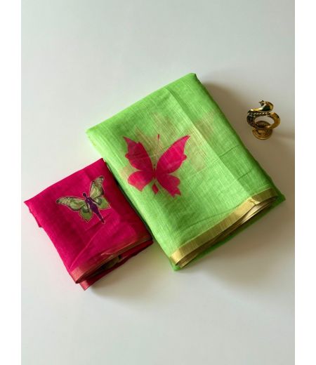 DB835 Beautiful Soft Linen Cotton Elegant Printed Celebrity Inspired Saree.