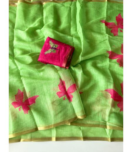 DB835 Beautiful Soft Linen Cotton Elegant Printed Celebrity Inspired Saree.