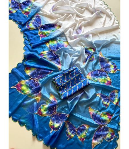 DB842 Beautiful Soft Chinon Butterfly Digital Printed Handwork Celebrity Inspired Sarees.