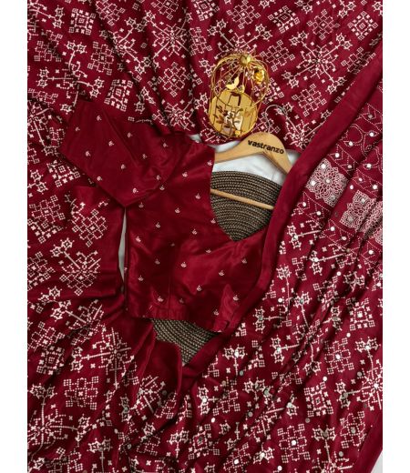 DB769 Beautiful Soft Satin Silk Ajrakh Printed Mirror Work Celebrity Inspired Saree.