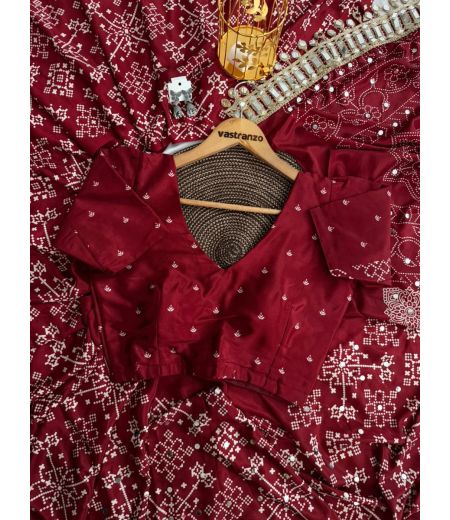 DB769 Beautiful Soft Satin Silk Ajrakh Printed Mirror Work Celebrity Inspired Saree.