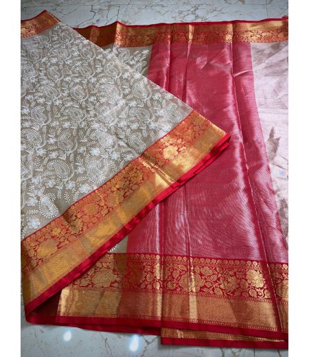 DB860 Beautiful Soft Banarasi Tissue Silk Chickenkari Embroidery Work Celebrity Inspired Sarees.