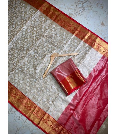 DB860 Beautiful Soft Banarasi Tissue Silk Chickenkari Embroidery Work Celebrity Inspired Sarees.