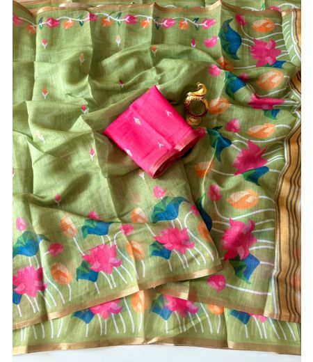 DB855 Beautiful Soft Linen Elegant Printed Summer Sarees.