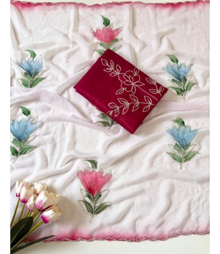 DB864 Beautiful Soft Georgette Floral Brush Painted Handwork Celebrity Inspired Sarees.