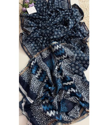 DB862 Beautiful Soft Chanderi Silk Indigo Saree with Zari Border.