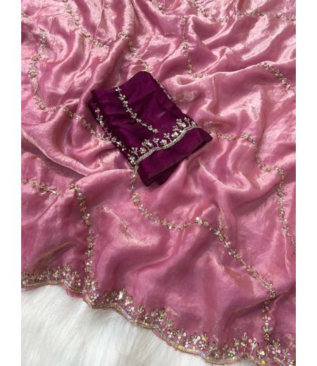 DB892  Beautiful Soft Space Silk Sequence Hand Cutdana Work Celebrity Inspired Sarees.