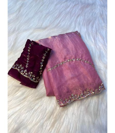 DB892  Beautiful Soft Space Silk Sequence Hand Cutdana Work Celebrity Inspired Sarees.