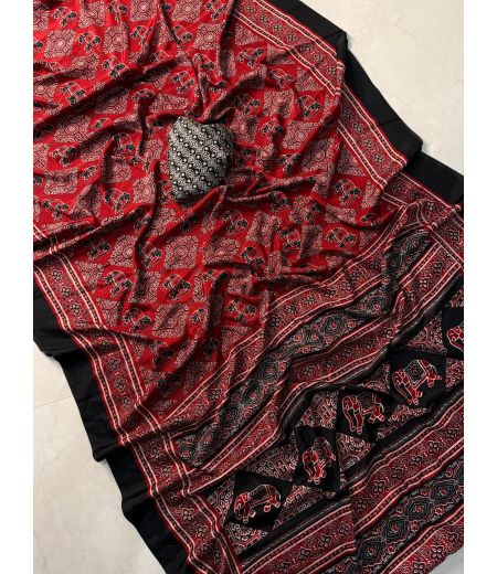 DB904  Beautiful Soft Gajji Crape Silk Ajrakh Printed Celebrity Inspired Saree.