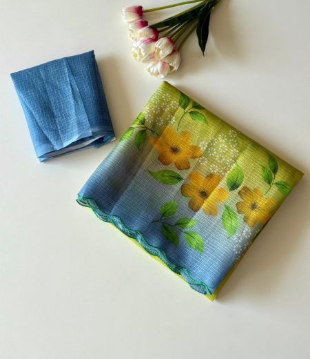 DB905 Beautiful Soft Kota Chex Floral Printed Celebrity Inspired Sarees.