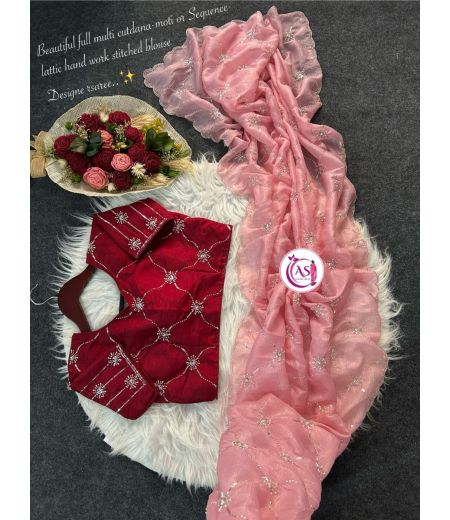 DB934  Beautiful Soft Candy Crush Silk Hand Sequence Cutdana Work Celebrity Inspired Sarees with Designer Stitched Blouse.