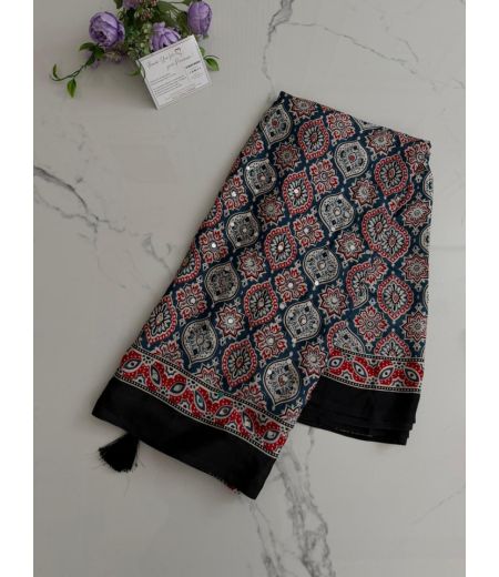 DB970 Beautiful Soft Gajji Sattin Ajrakh Printed Mirror Work Celebrity Inspired Sarees.
