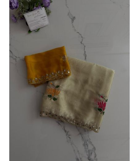 DB994  Beautiful Soft Viscose Rangoli Silk Floral Embroidery Mirror Work Celebrity Inspired Sarees.