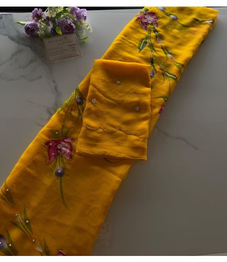 DB1047 Soft Chiffon Handbrush Painted Handwork Celebrity Inspired Sarees.