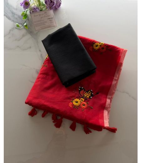 DB1063 Soft Chanderi Cotton Butterfly Multi Embroidery Work Celebrity Inspired Sarees.