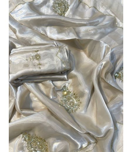DB1075  Soft Sattin Space Silk Hand Cutdana Work Celebrity Inspired Sarees.
