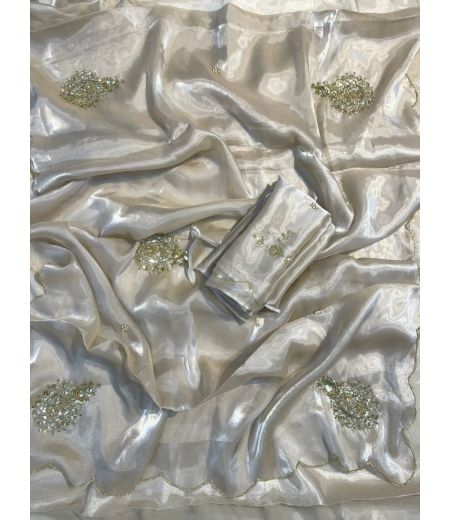 DB1075  Soft Sattin Space Silk Hand Cutdana Work Celebrity Inspired Sarees.