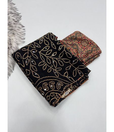 DB1091 Soft Sattin Ajrakh Printed Mirror Work Celebrity Inspired Sarees with Designer Lace Border.
