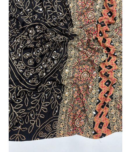 DB1091 Soft Sattin Ajrakh Printed Mirror Work Celebrity Inspired Sarees with Designer Lace Border.