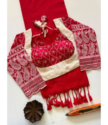DB1141 Soft Mulmul Cotton Sarees with Embroidery Work Designer Stitched Blouse.