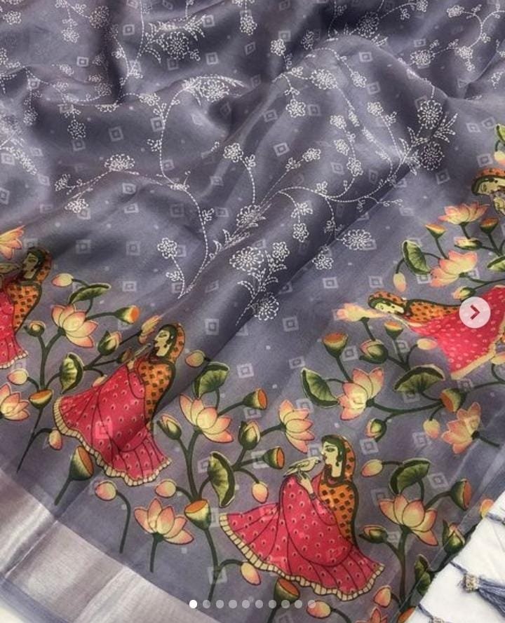 Kalamkari Hand Painted Zari Border Pure Silk Mark Certified Tussar Sil –  Dailybuyys