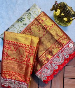 Beautiful Soft Handloom Kanjivaram Silk Mina Zari Weaving Saree with Designer Lace Border.